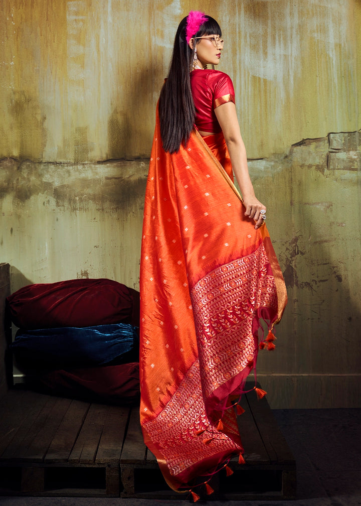 Tangerine Orange Tussar Silk Handloom Woven Saree with Zari Butti