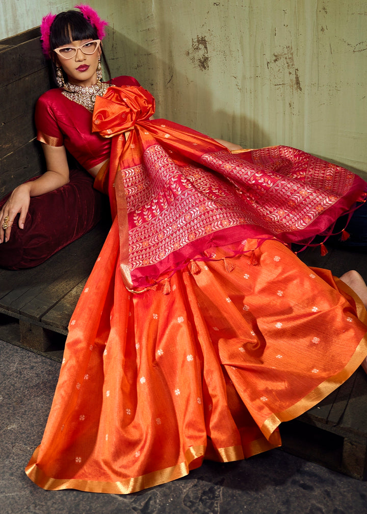Tangerine Orange Tussar Silk Handloom Woven Saree with Zari Butti