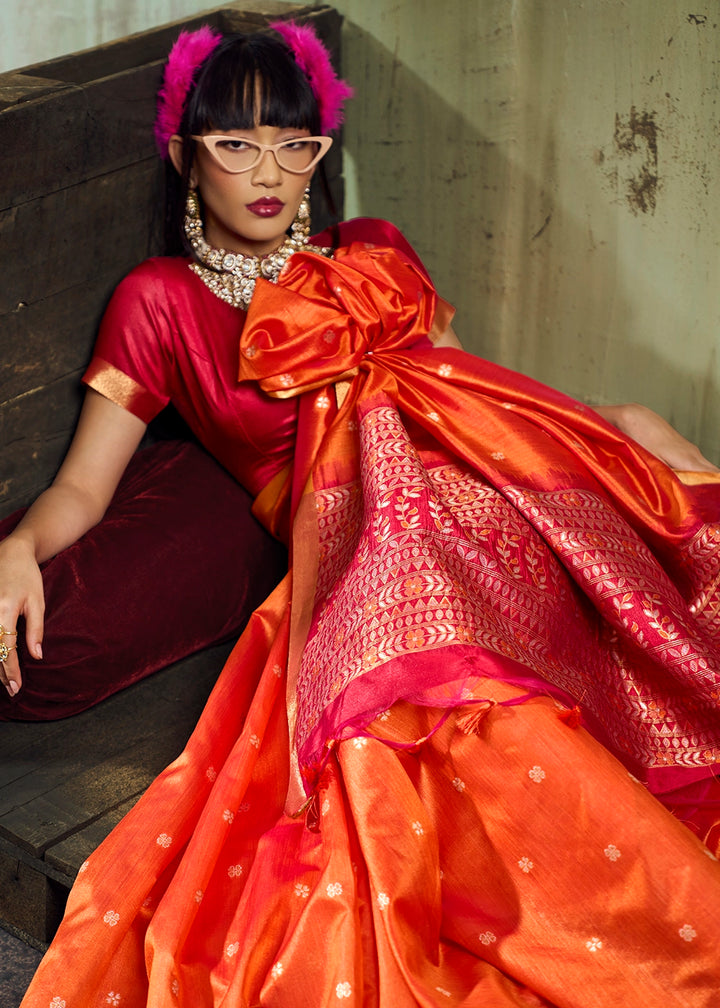 Tangerine Orange Tussar Silk Handloom Woven Saree with Zari Butti
