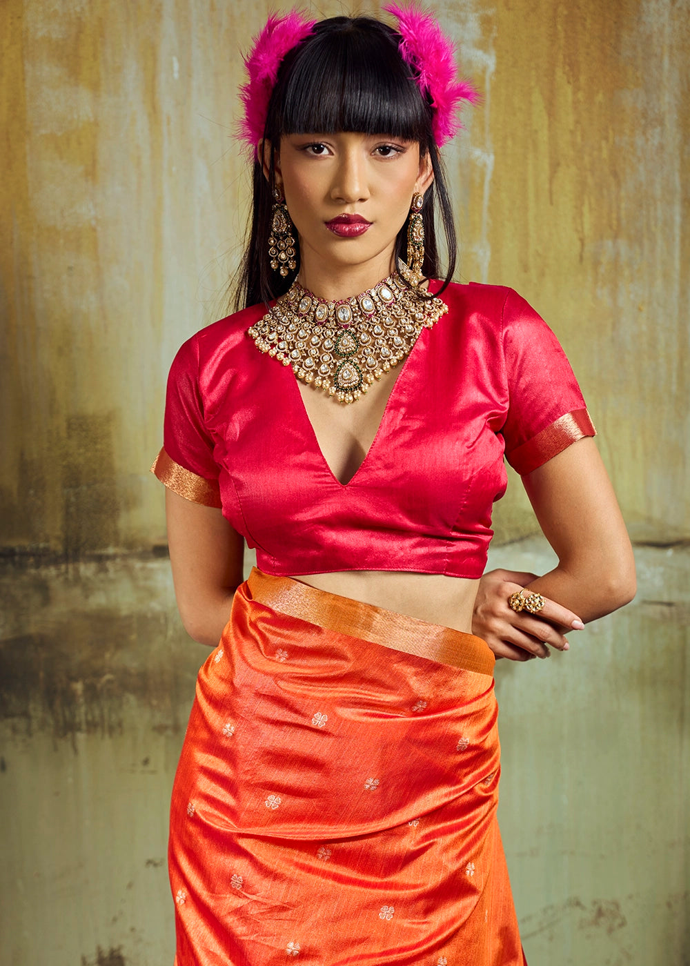 Tangerine Orange Tussar Silk Handloom Woven Saree with Zari Butti