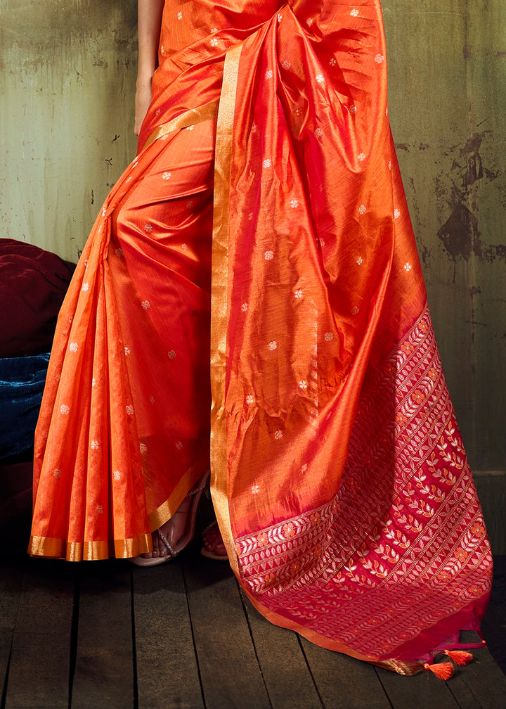 Tangerine Orange Tussar Silk Handloom Woven Saree with Zari Butti
