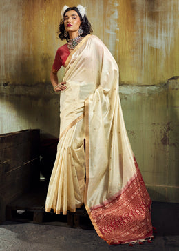Cream White Tussar Silk Handloom Woven Saree with Zari Butti