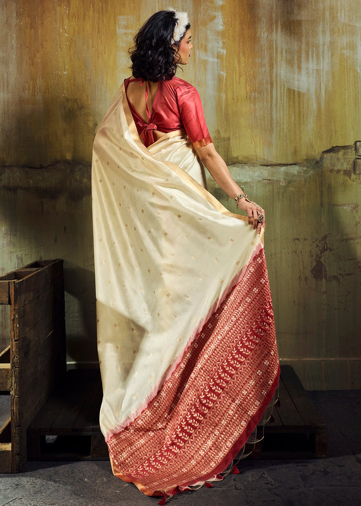 Cream White Tussar Silk Handloom Woven Saree with Zari Butti