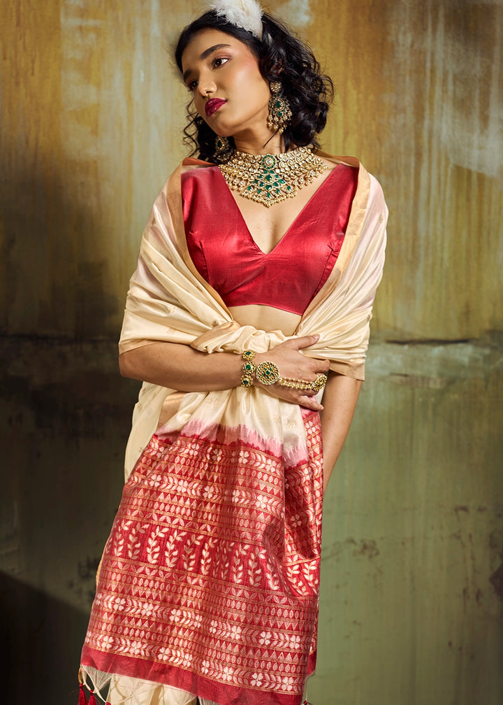 Cream White Tussar Silk Handloom Woven Saree with Zari Butti