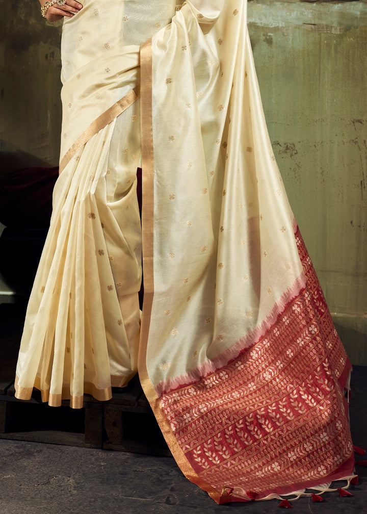 Cream White Tussar Silk Handloom Woven Saree with Zari Butti