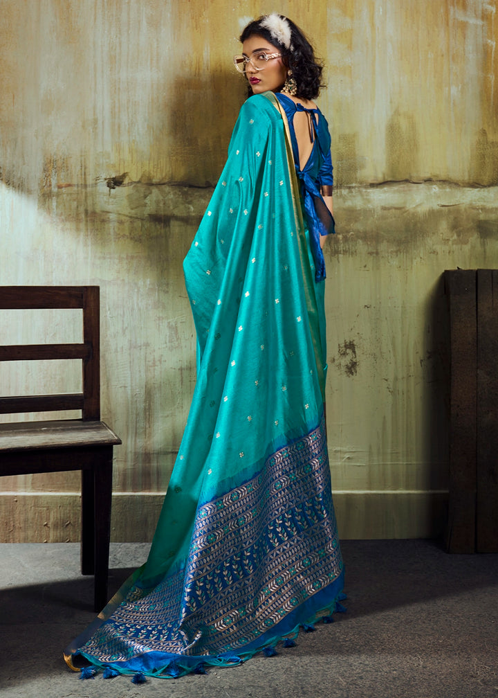 True Blue Tussar Silk Handloom Woven Saree with Zari Butti