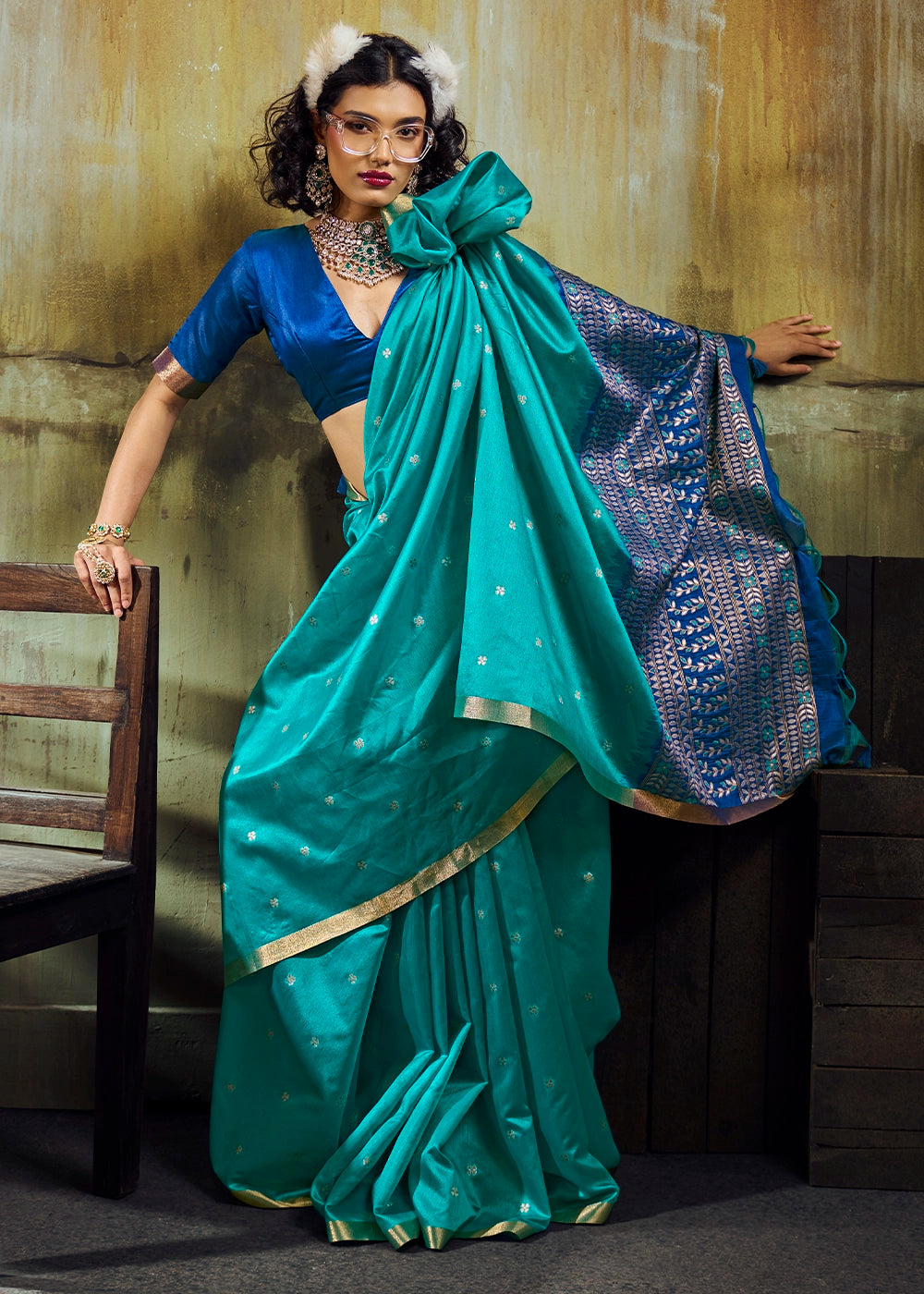 True Blue Tussar Silk Handloom Woven Saree with Zari Butti