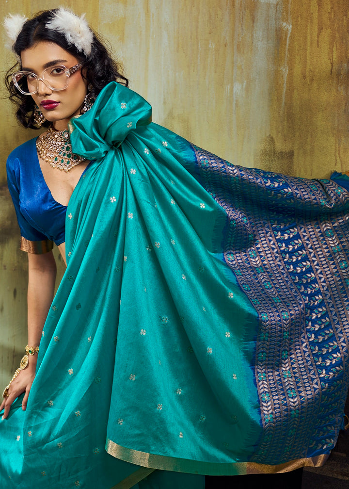 True Blue Tussar Silk Handloom Woven Saree with Zari Butti