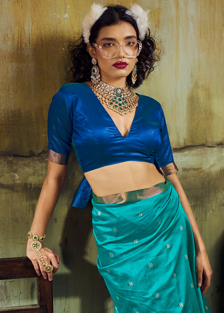 True Blue Tussar Silk Handloom Woven Saree with Zari Butti