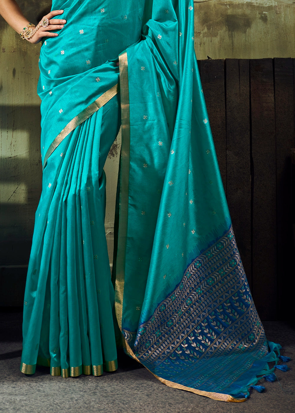 True Blue Tussar Silk Handloom Woven Saree with Zari Butti