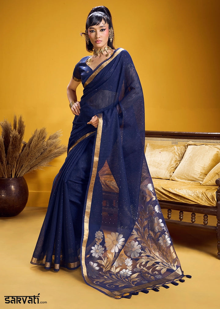 Berry Blue Munga Silk Saree with Intricate Floral Zari Weave