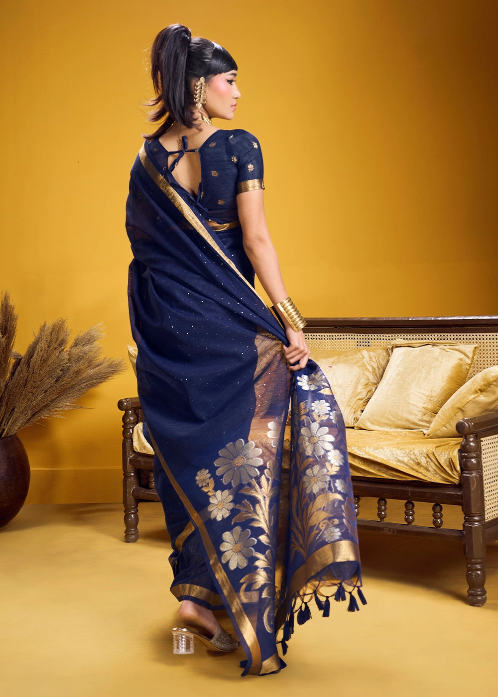 Berry Blue Munga Silk Saree with Intricate Floral Zari Weave