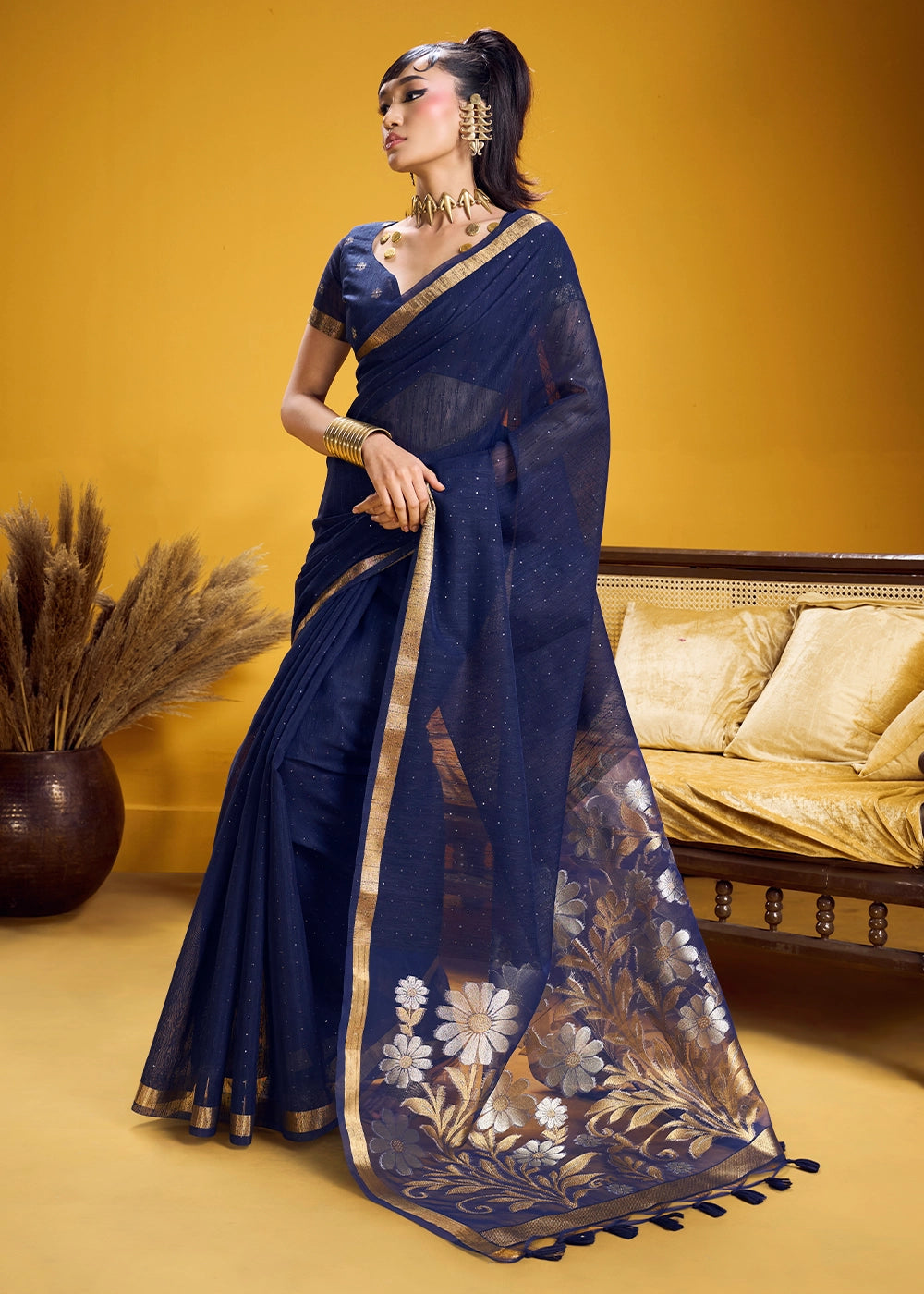Berry Blue Munga Silk Saree with Intricate Floral Zari Weave