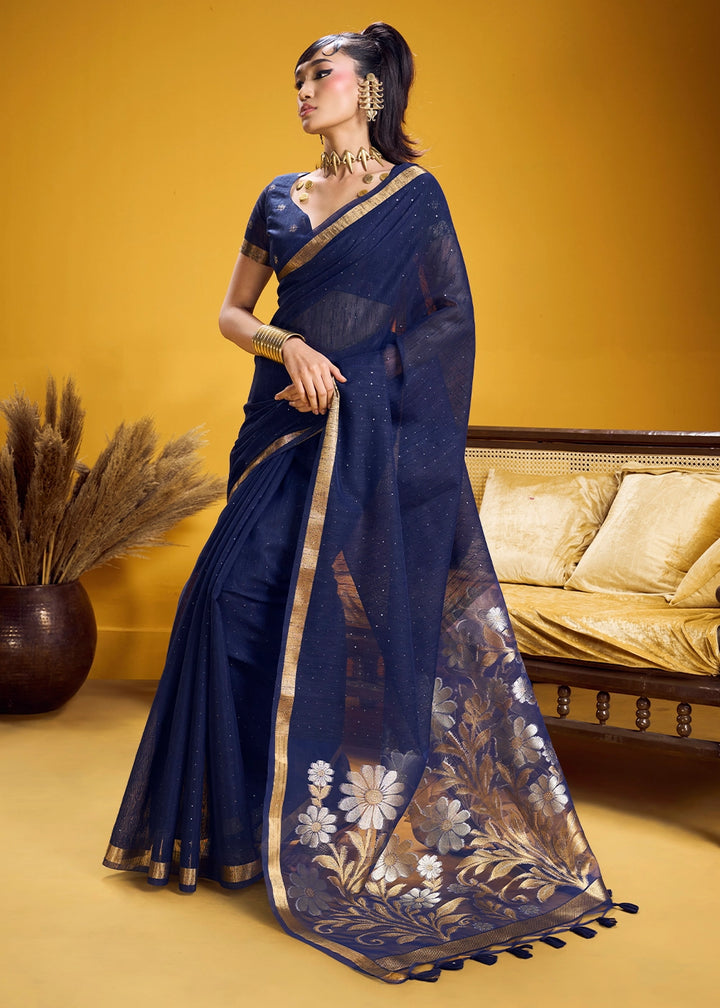 Berry Blue Munga Silk Saree with Intricate Floral Zari Weave