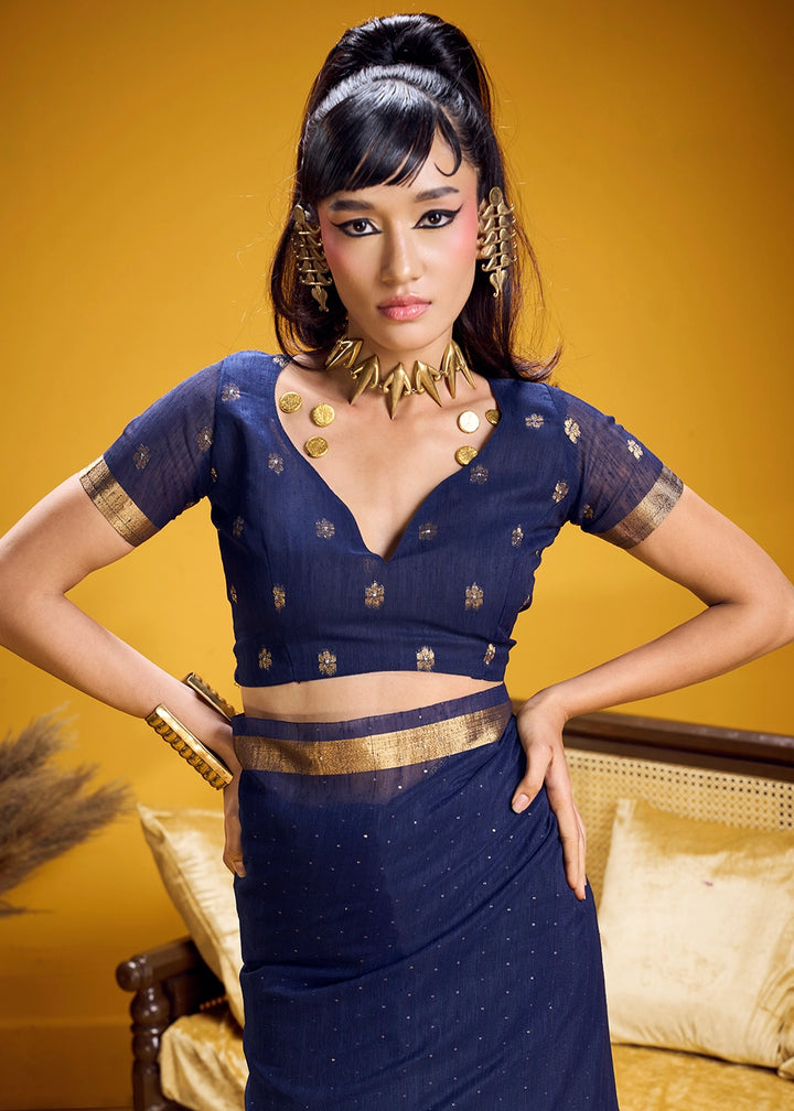 Berry Blue Munga Silk Saree with Intricate Floral Zari Weave