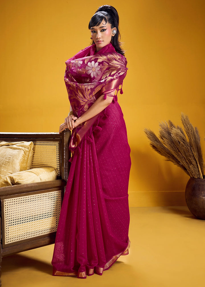 Magenta Purple Munga Silk Saree with Intricate Floral Zari Weave