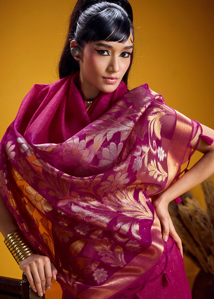 Magenta Purple Munga Silk Saree with Intricate Floral Zari Weave