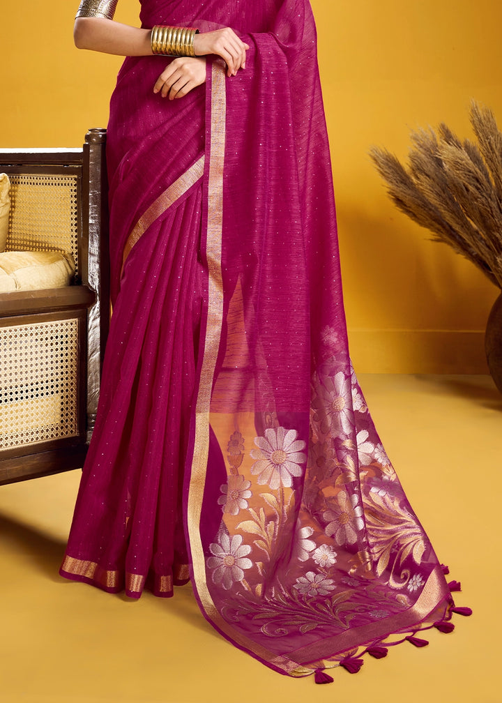 Magenta Purple Munga Silk Saree with Intricate Floral Zari Weave