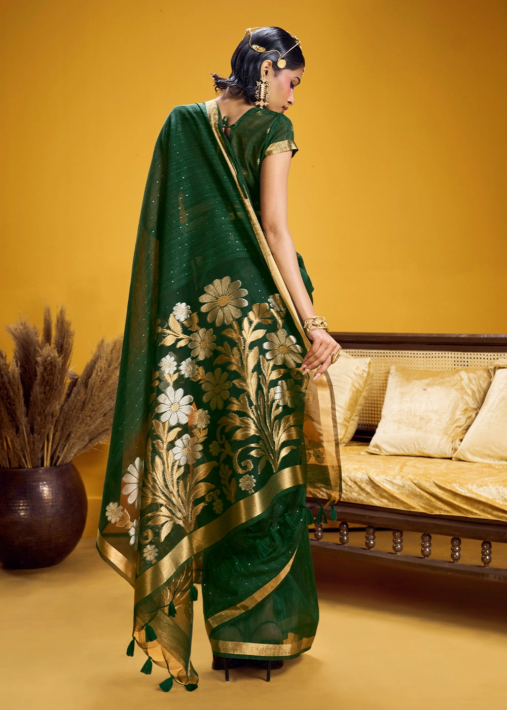 Sacramento Green Munga Silk Saree with Intricate Floral Zari Weave