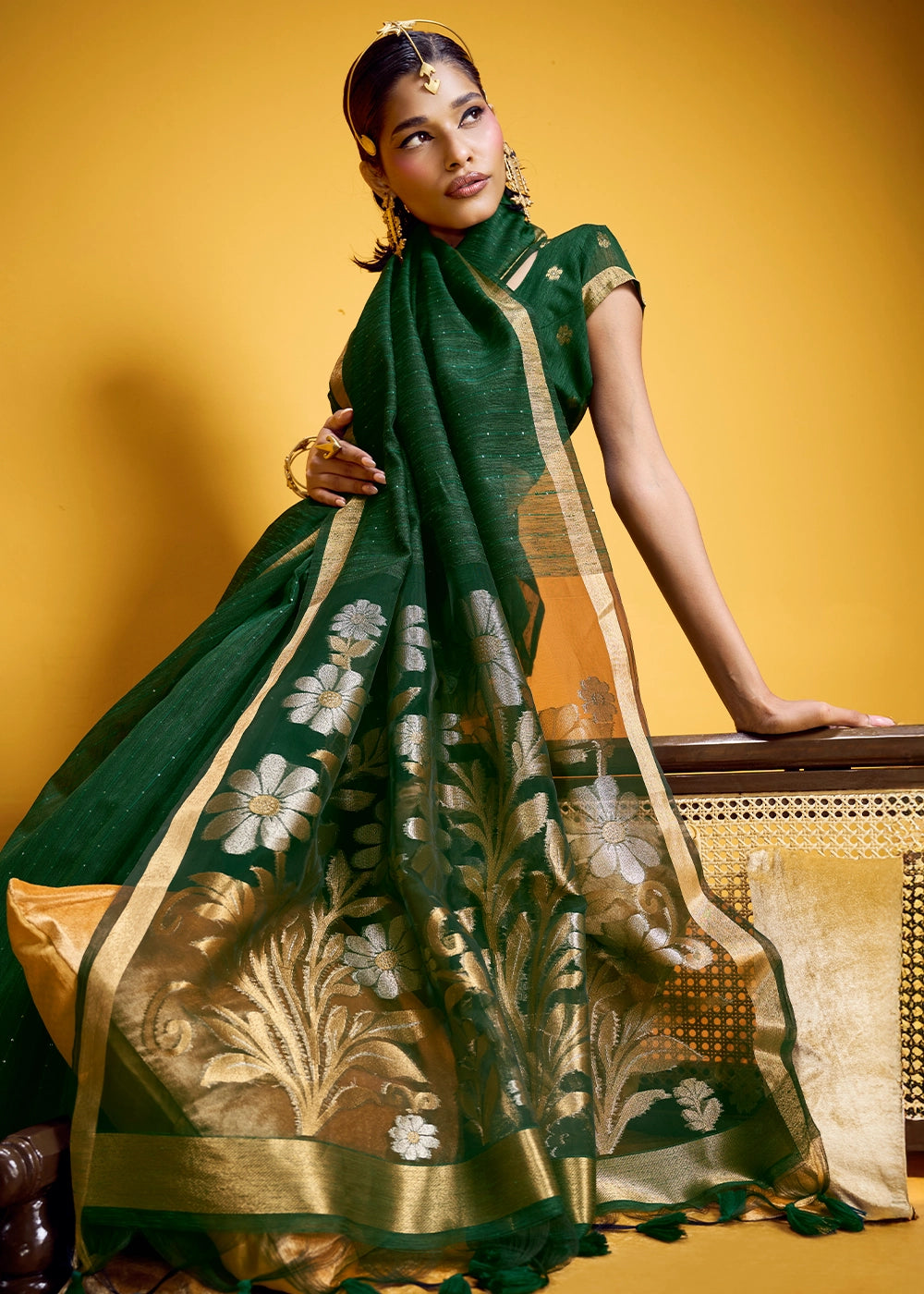 Sacramento Green Munga Silk Saree with Intricate Floral Zari Weave