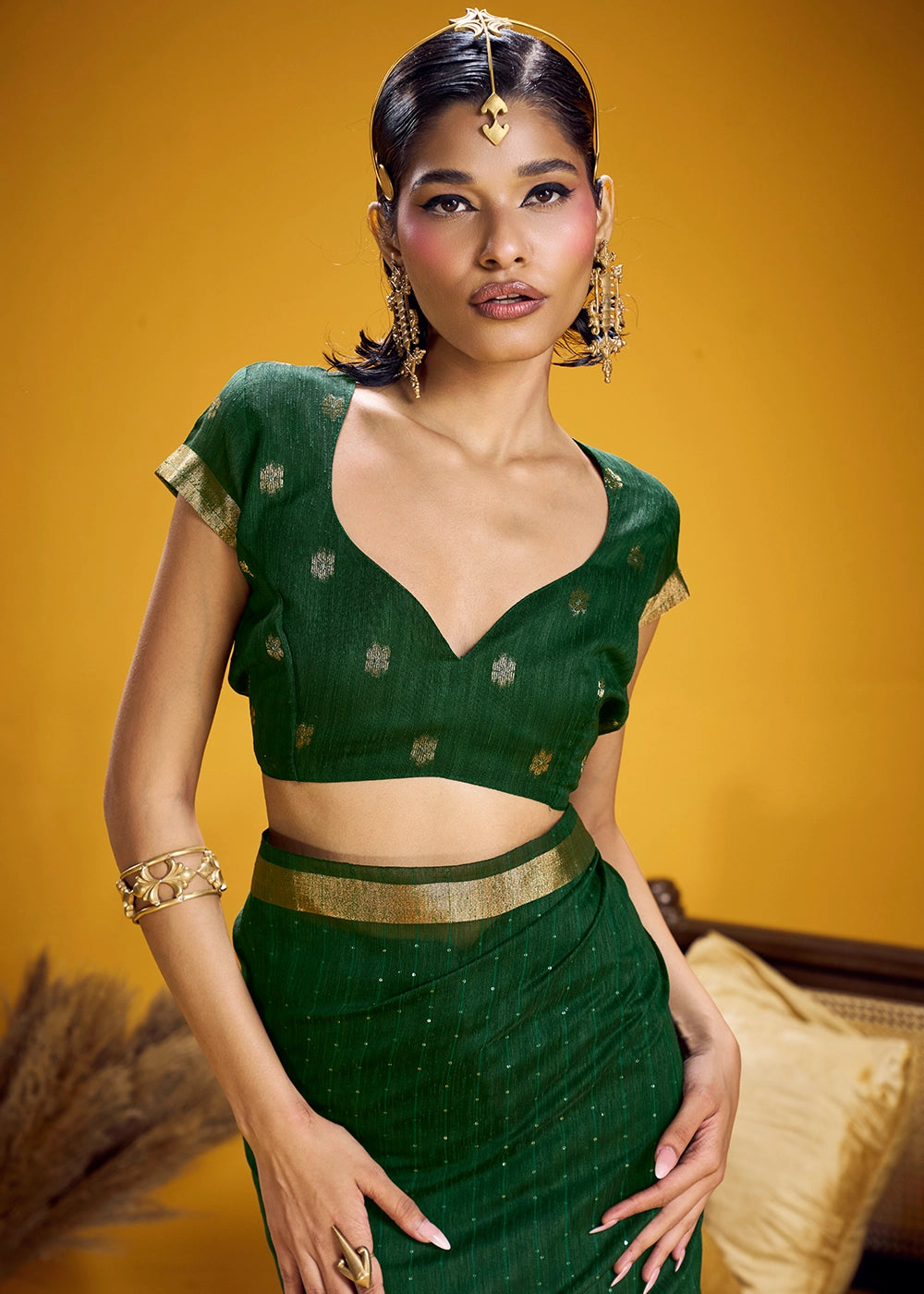 Sacramento Green Munga Silk Saree with Intricate Floral Zari Weave