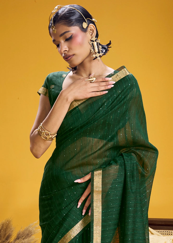 Sacramento Green Munga Silk Saree with Intricate Floral Zari Weave