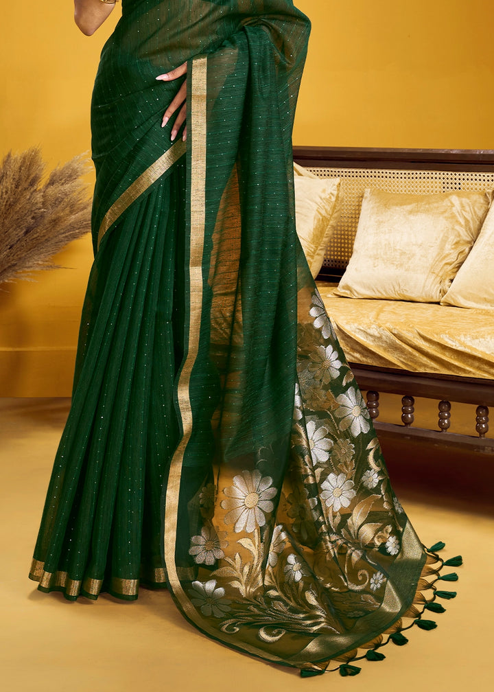 Sacramento Green Munga Silk Saree with Intricate Floral Zari Weave