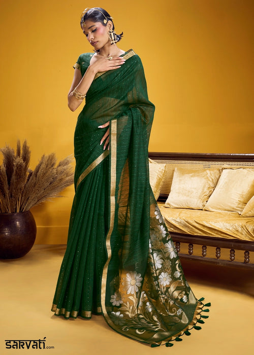 Sacramento Green Munga Silk Saree with Intricate Floral Zari Weave