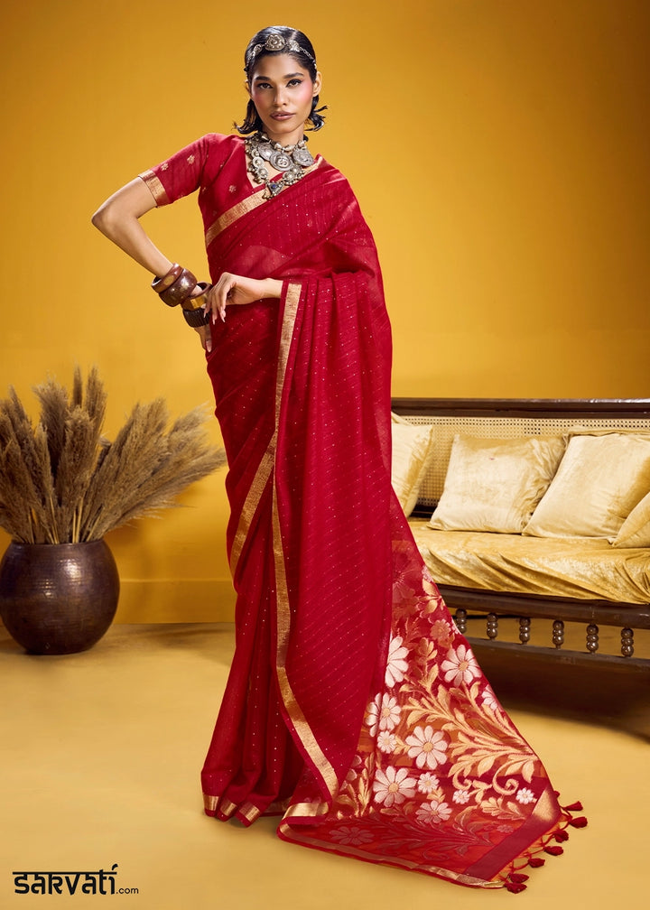 Carmine Red Munga Silk Saree with Intricate Floral Zari Weave