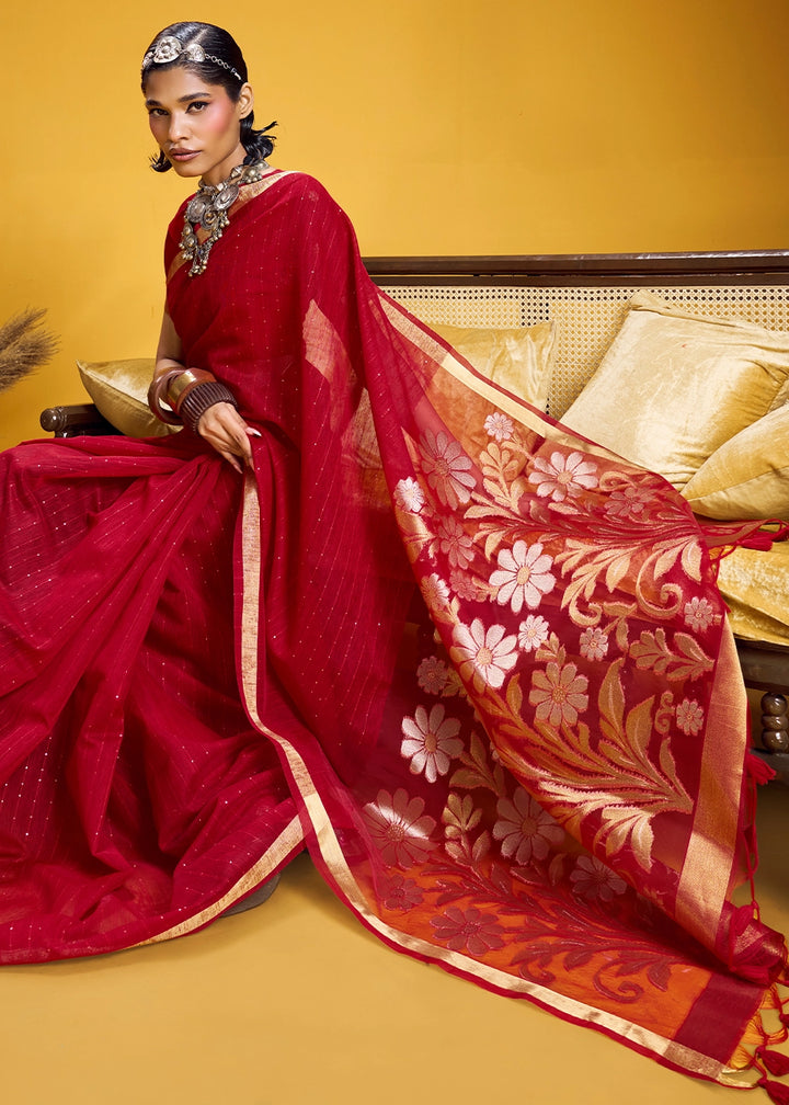 Carmine Red Munga Silk Saree with Intricate Floral Zari Weave