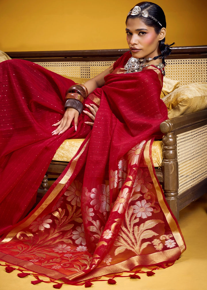 Carmine Red Munga Silk Saree with Intricate Floral Zari Weave