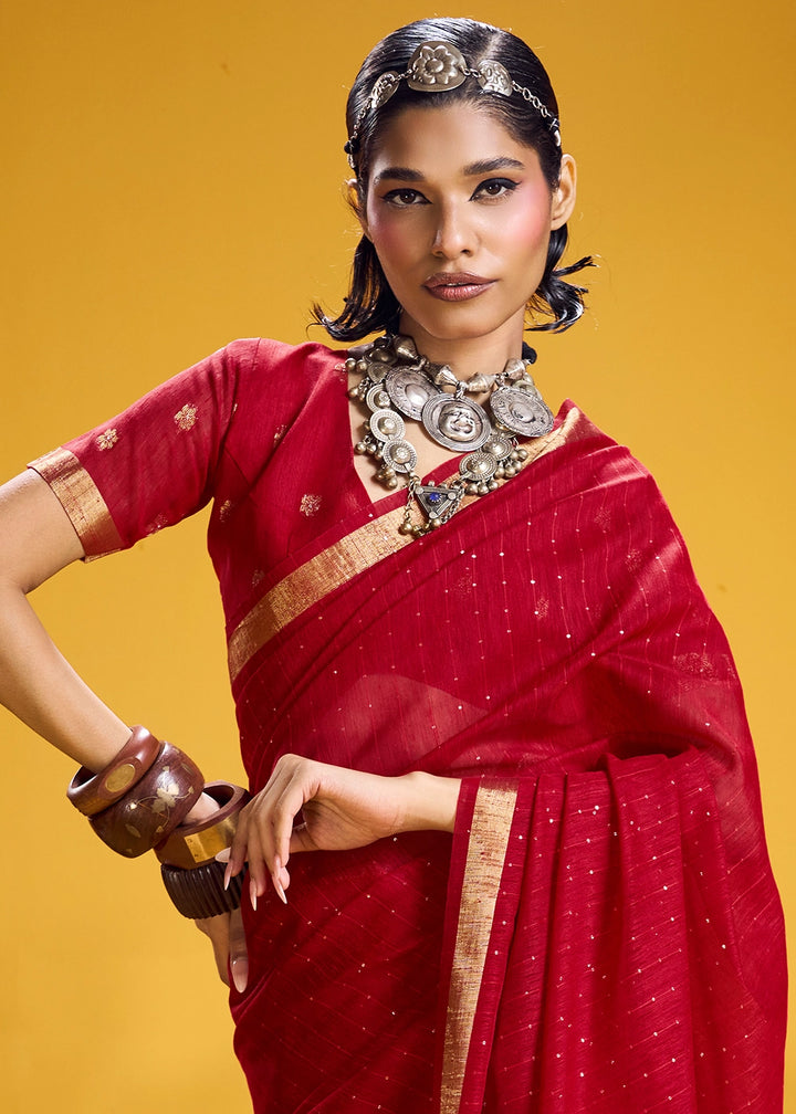 Carmine Red Munga Silk Saree with Intricate Floral Zari Weave