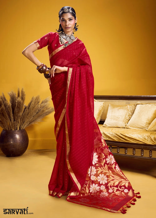 Carmine Red Munga Silk Saree with Intricate Floral Zari Weave