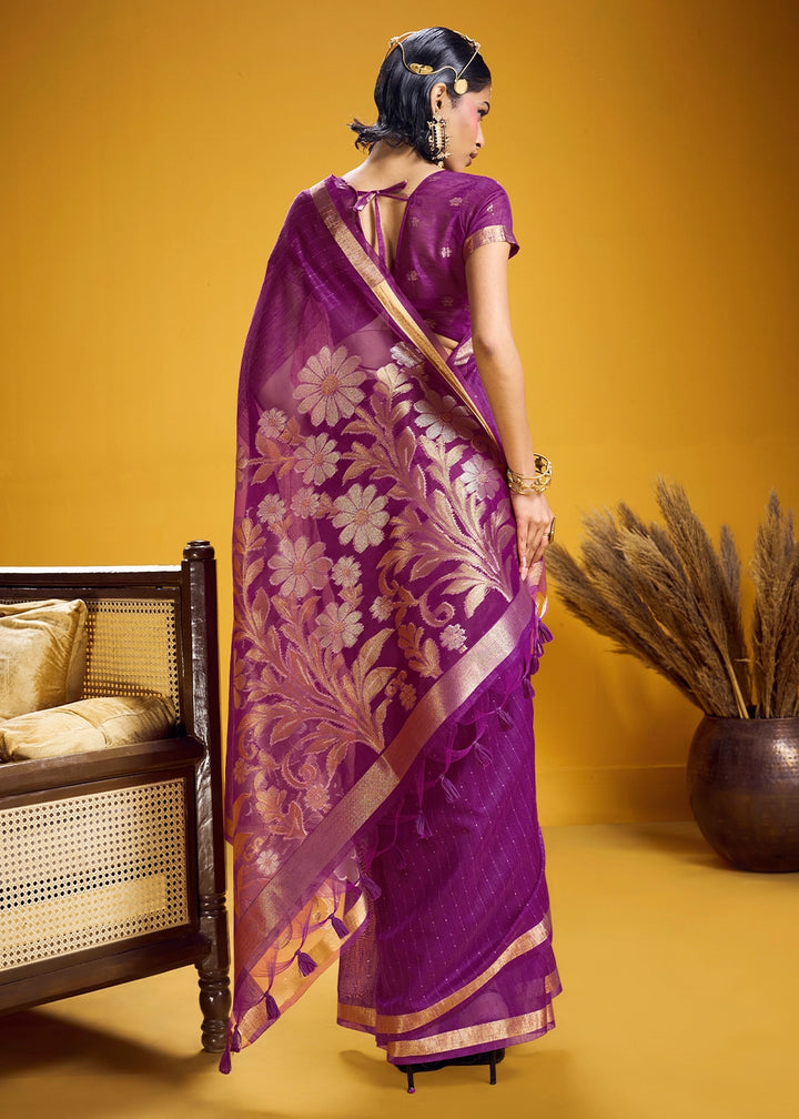 Grape Purple Munga Silk Saree with Intricate Floral Zari Weave