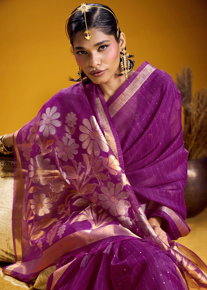 Grape Purple Munga Silk Saree with Intricate Floral Zari Weave