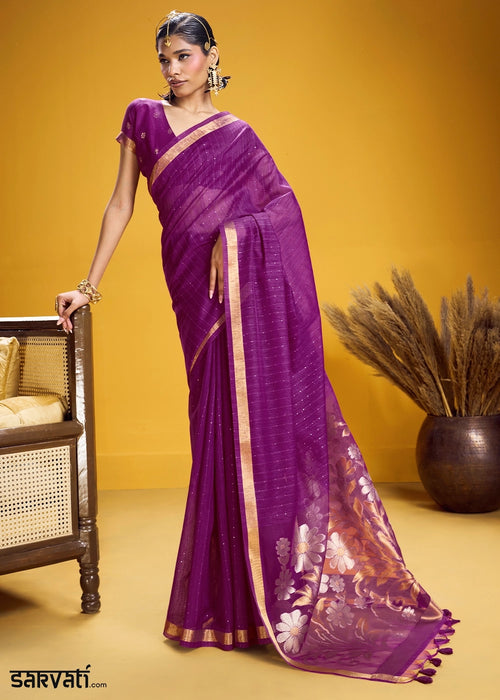 Grape Purple Munga Silk Saree with Intricate Floral Zari Weave