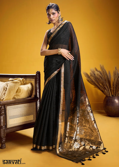 Pitch Black Munga Silk Saree with Intricate Floral Zari Weave