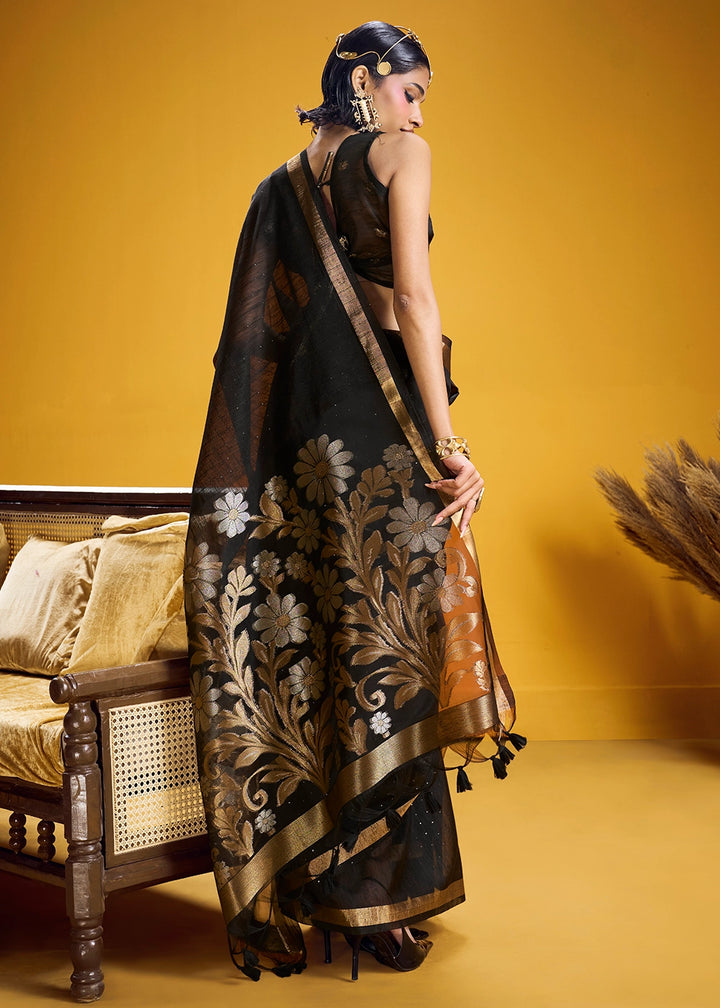 Pitch Black Munga Silk Saree with Intricate Floral Zari Weave
