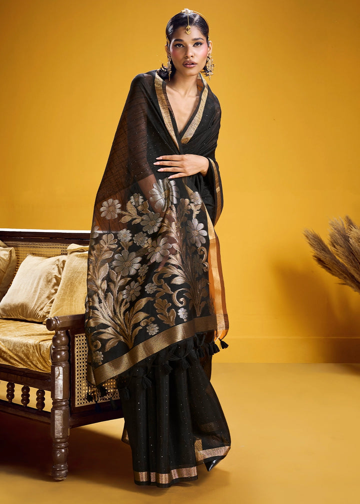 Pitch Black Munga Silk Saree with Intricate Floral Zari Weave