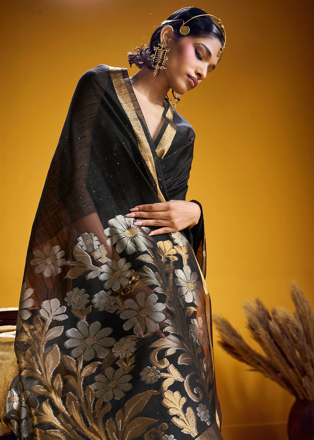 Pitch Black Munga Silk Saree with Intricate Floral Zari Weave