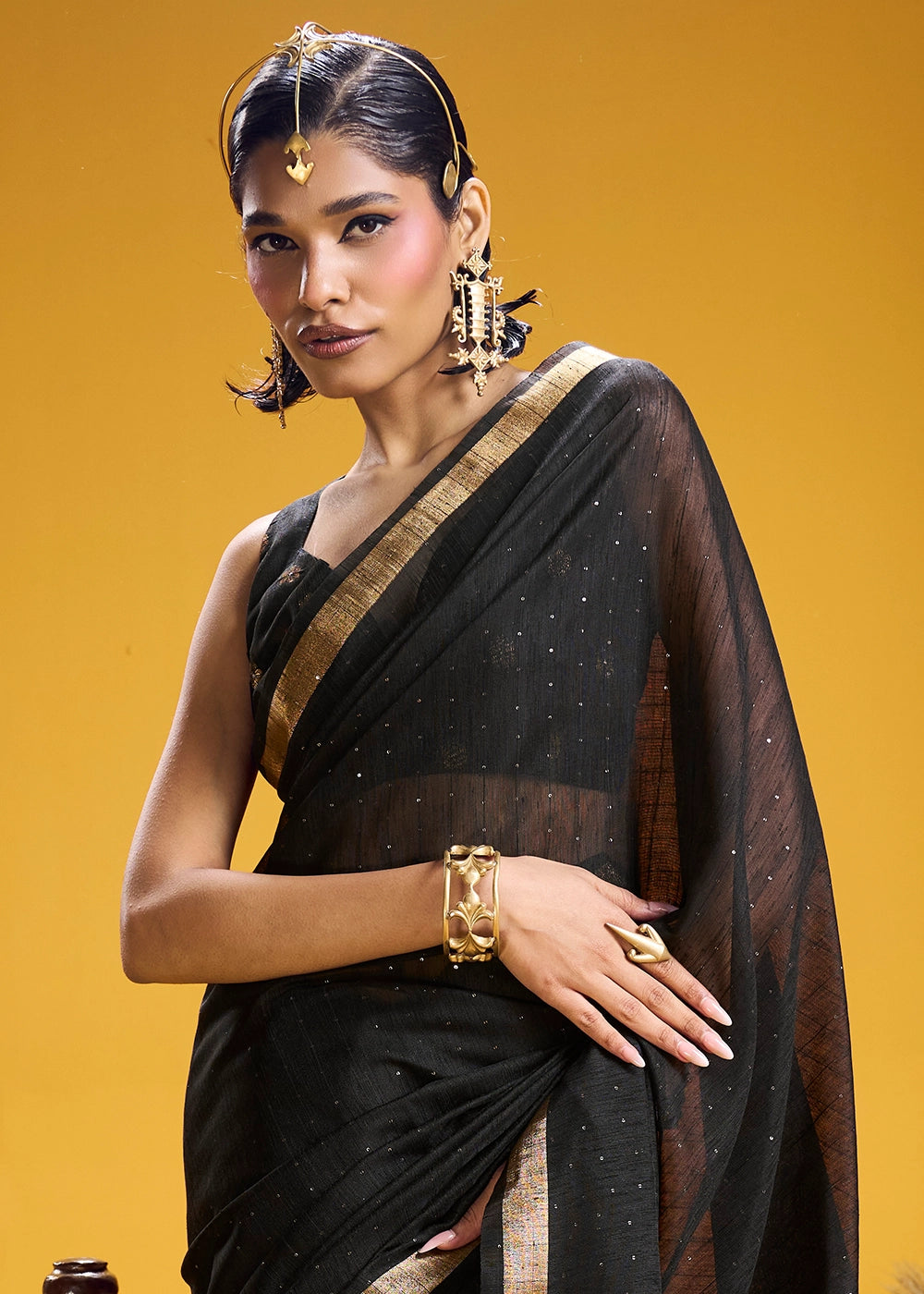 Pitch Black Munga Silk Saree with Intricate Floral Zari Weave