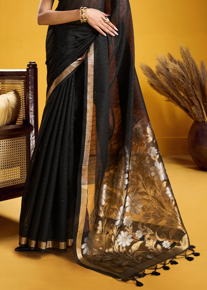 Pitch Black Munga Silk Saree with Intricate Floral Zari Weave