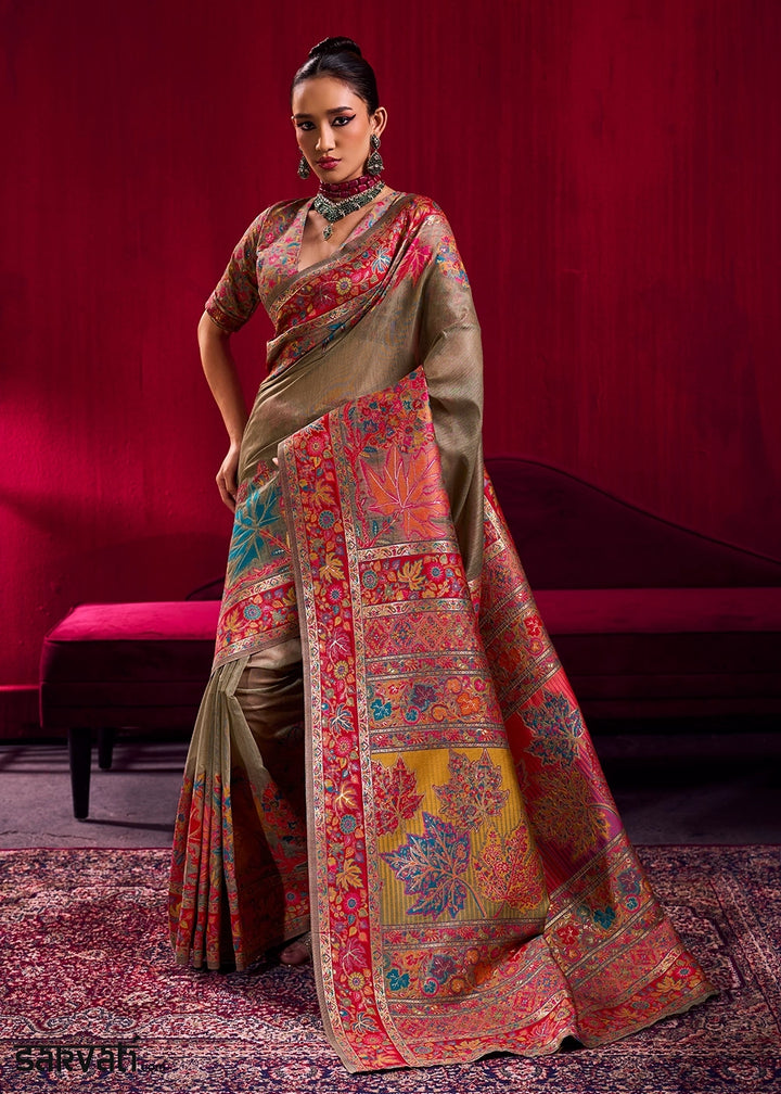 Greige Grey Modal Silk Kashmiri Handloom Jamawar Saree