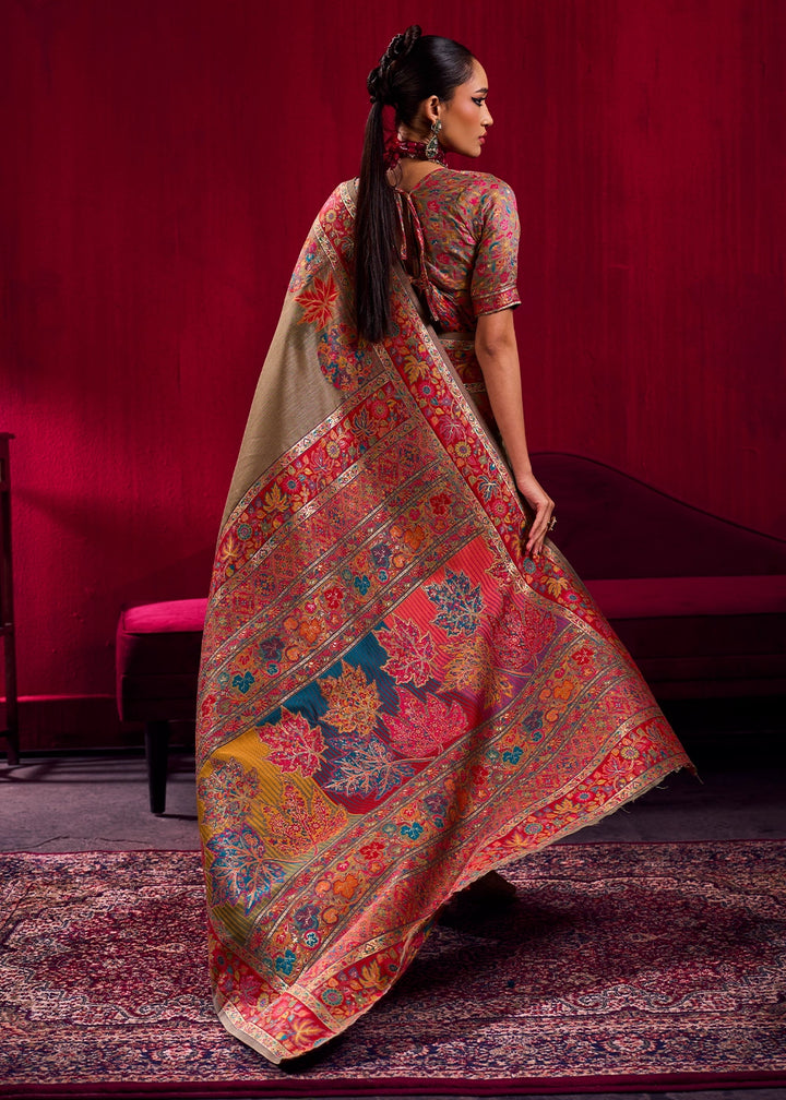 Greige Grey Modal Silk Kashmiri Handloom Jamawar Saree