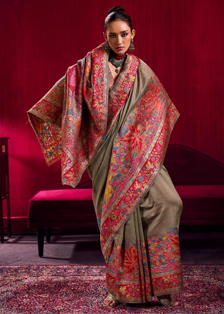 Greige Grey Modal Silk Kashmiri Handloom Jamawar Saree