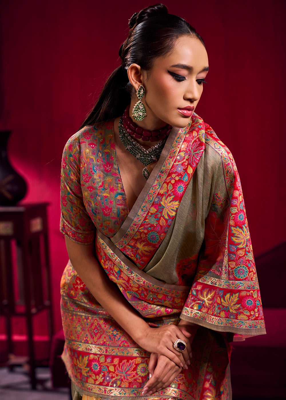 Greige Grey Modal Silk Kashmiri Handloom Jamawar Saree