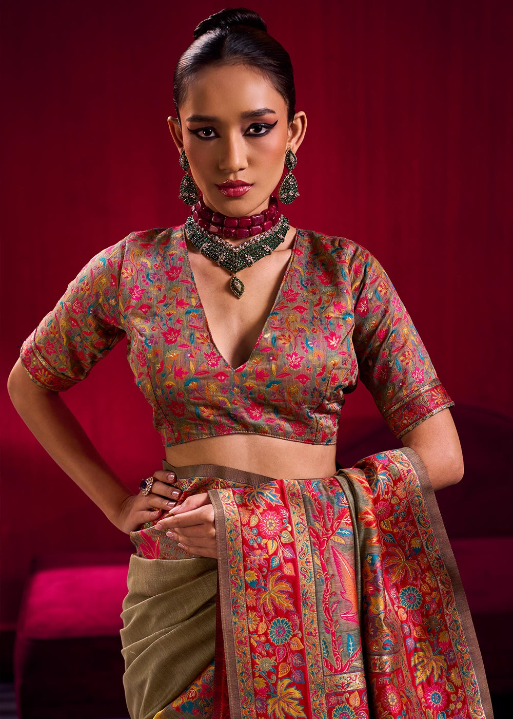 Greige Grey Modal Silk Kashmiri Handloom Jamawar Saree