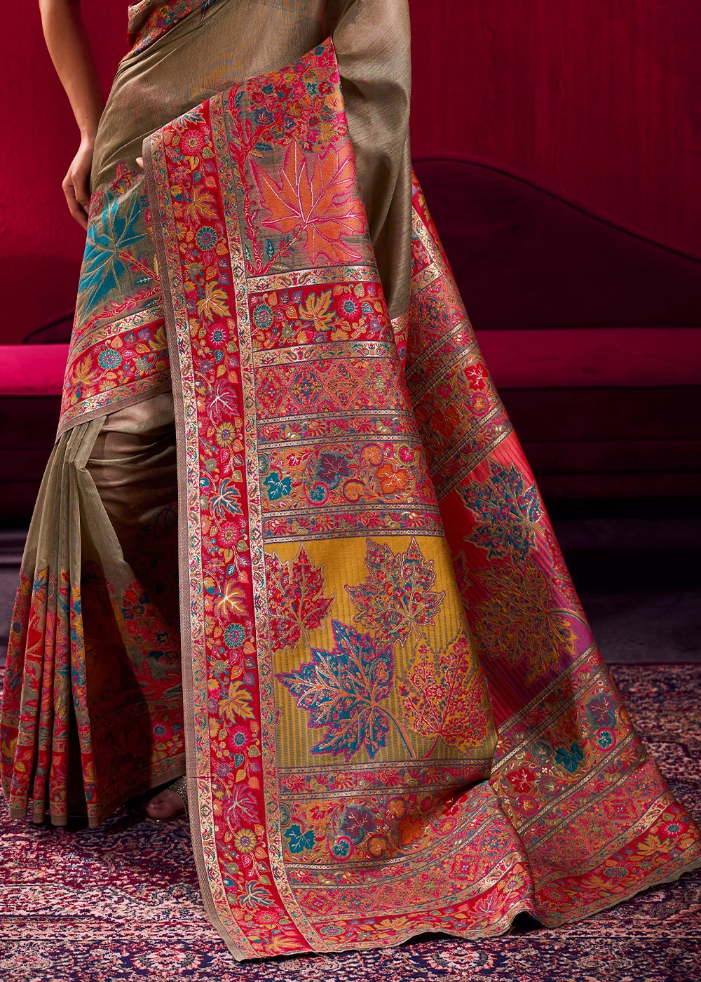 Greige Grey Modal Silk Kashmiri Handloom Jamawar Saree