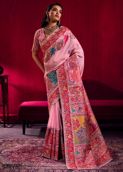 Baker Miller Pink Modal Silk Kashmiri Handloom Jamawar Saree