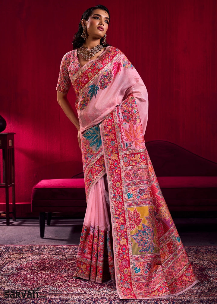 Baker Miller Pink Modal Silk Kashmiri Handloom Jamawar Saree